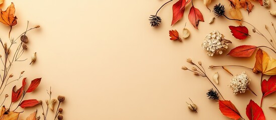 Aufkleber - Autumn composition featuring dried flowers and leaves in warm tones on pastel beige background with ample copy space in top view flat lay arrangement