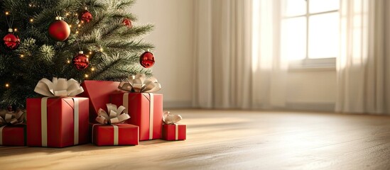 Poster - Elegant red and gold Christmas gift boxes arranged on a wooden floor beside a lush green fir tree with ornaments in warm sunlight streaming in.