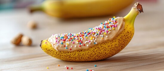Aufkleber - Banana topped with creamy peanut butter and colorful sprinkles on a light wooden table, with a blurred banana in the background, selective focus.
