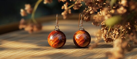 Poster - Handmade wooden bead earrings featuring vibrant orange and brown colors, positioned elegantly on a bamboo surface with soft floral background.