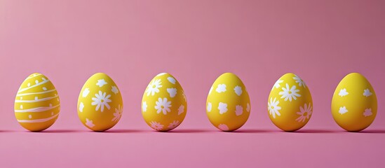 Poster - Cheerful arrangement of six bright yellow Easter eggs with white floral patterns against a soft pink background creating a festive holiday mood.