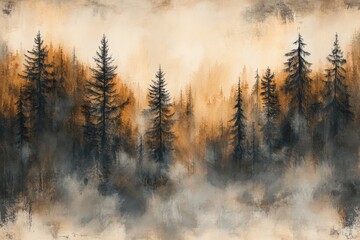 Wall Mural - Tall pine trees emerging from a misty landscape at dawn with warm golden hues illuminating the forest