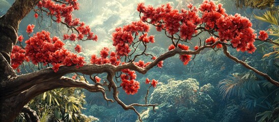 Poster - Vivid red flowers bloom on branches amidst lush green foliage in a serene landscape, creating a stunning floral display against a soft, blurred background.