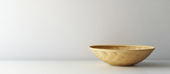 Poster - Bamboo basket for serving Zaru Soba on a light gray background positioned to the right with soft shadows for a minimalistic aesthetic.
