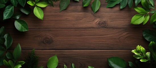 Poster - Wooden background surrounded by lush green leaves creating a serene frame for advertisement text with dark brown tones and vibrant greens.
