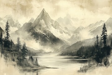 Wall Mural - Stunning mountain landscape with a serene lake and towering peaks under a misty sky