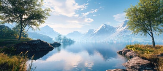 Poster - Serene mountain lake landscape with calm blue waters, lush green trees on both sides, and majestic snow-capped mountains in the background.