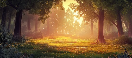 Leinwandbilder - Sunlit forest clearing with golden hues in the background, lush greenery and tall trees on the sides creating a serene atmosphere of tranquility.