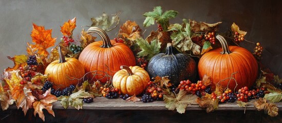 Aufkleber - Vibrant autumn harvest display featuring assorted pumpkins, colorful berries, and leaves beautifully arranged on a rustic wooden table.