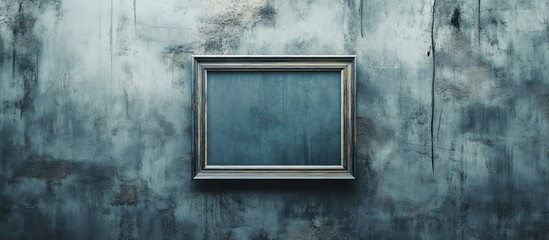 Poster - Framed empty canvas positioned centrally on a textured concrete wall with bluish-grey tones highlighting the rustic ambiance of a gallery space.
