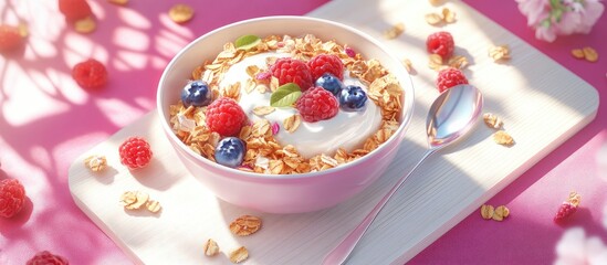 Poster - Colorful bowl of oat granola topped with yogurt fresh raspberries blueberries and nuts on pink background with sunlight creating shadows and spoon.