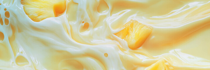 Poster - Splashing almond milk with pineapple creating vibrant ripples in a refreshing blend