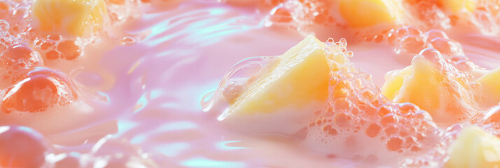 Poster - Splashing almond milk with pineapple chunks creating vibrant ripples