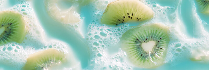 Poster - Gentle ripples of almond milk and fresh kiwi slices create a refreshing background
