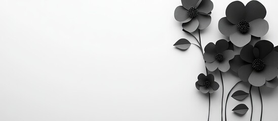 Aufkleber - Elegant black paper flowers arranged on the left side of a clean white background, showcasing intricate details and varying shapes for artistic appeal.