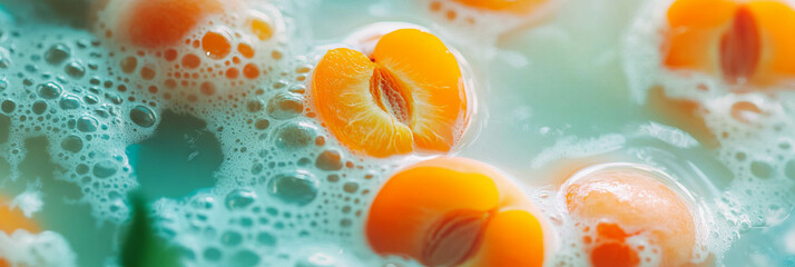 Poster - Delicious apricot milk with ripples and floating apricot halves in vibrant view