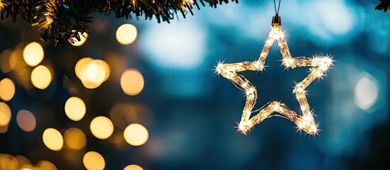 Poster - Glowing wire star ornament hangs against a blurred blue background with warm bokeh lights, creating a festive and magical atmosphere.