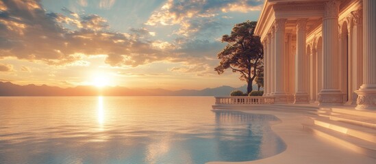 Aufkleber - Neoclassical architecture illuminated by a warm sunrise reflecting on tranquil bay waters with soft clouds in the sky and a tree positioned nearby