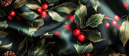 Poster - Festive Christmas wrapping paper featuring vibrant red holly berries and green leaves on a dark background perfect for holiday gift giving.