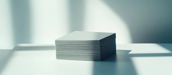 Poster - Stack of gray business cards neatly arranged on a bright white surface with soft shadows creating a minimalist and professional appearance