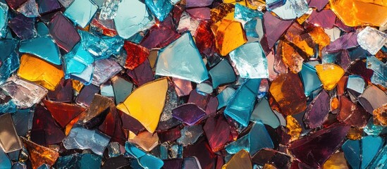 Poster - Vibrant glass shards in hues of blue, orange, purple, and silver are chaotically scattered across a textured surface, creating an abstract backdrop.