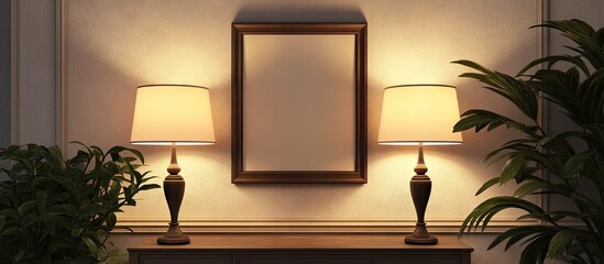 Leinwandbilder - Elegant mockup of empty picture frame on wall between two lit lamps with warm yellow glow, surrounded by lush green plants and wooden console.
