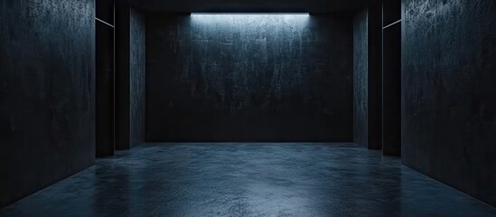 Fototapete - Minimalistic three-dimensional black themed room with smooth walls and floors, spacious void atmosphere, dim ambient lighting on top.