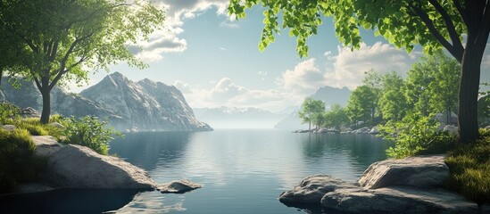 Aufkleber - Tranquil mountain lake scenery featuring calm blue water reflecting green trees and rocky outcrops under a bright sky with soft clouds.