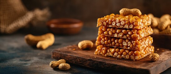 Poster - Colorful chikki stacked on a wooden board with roasted peanuts scattered around, warm brown tones, festive atmosphere, perfect for celebrations.