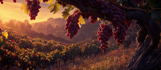 Aufkleber - Vibrant red wine grapes hang from lush green vines under a warm orange and purple sunset sky highlighting the vineyard's rich colors and textures