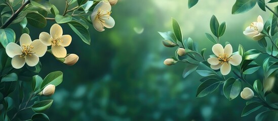 Poster - Delicate light yellow blossoms on lush green branches, softly blurred nature background with gentle spring hues and serene atmosphere.
