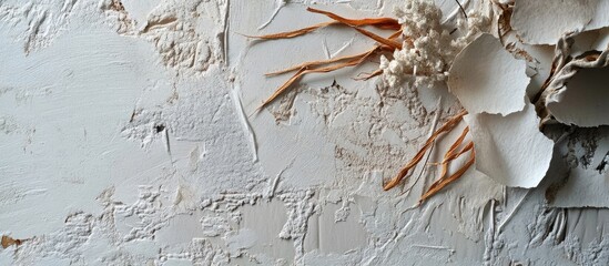 Fototapete - Handmade paper texture with dried plant fibers showcasing soft beige and off-white tones with delicate organic elements arranged in a natural layout