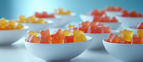 Poster - Bright gummy candies in white bowls arranged in a vibrant display, featuring orange and yellow hues against a soft blue background.