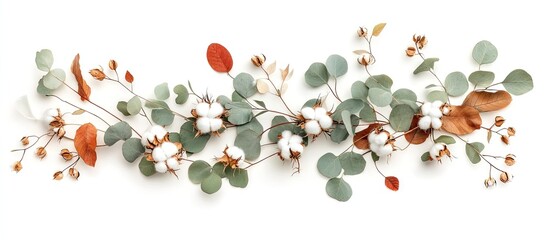 Poster - Autumn composition featuring eucalyptus branches and cotton flowers with dried leaves in warm orange and green hues arranged on a white background.