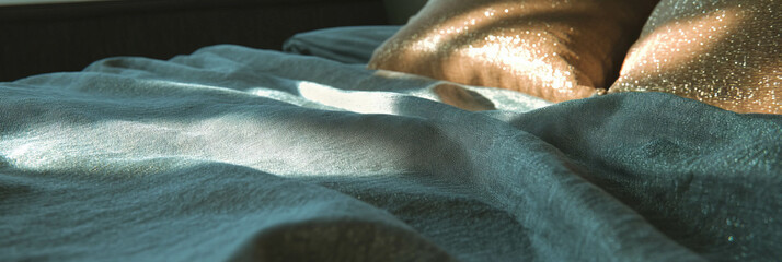Poster - Soft linen fabric draped with shiny silver and textured lava rock elements in a serene setting