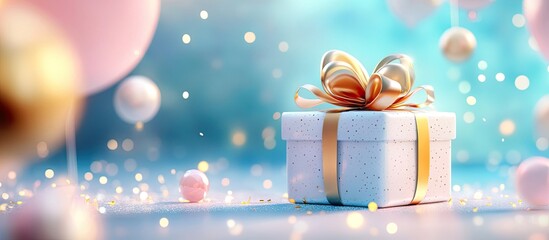 Poster - Elegant birthday gift box with golden ribbon, surrounded by pastel balloons and sparkling confetti, soft focus blue background, conveying celebration joy.