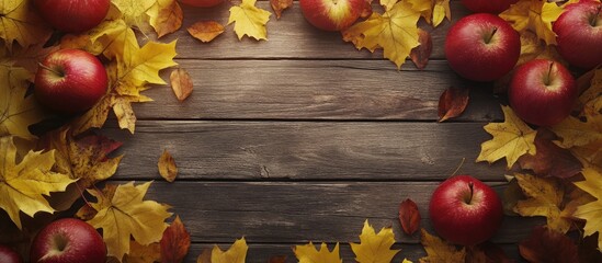 Aufkleber - Vibrant red apples surrounded by golden autumn leaves on a rustic wooden background creating a warm seasonal atmosphere for fall-themed designs