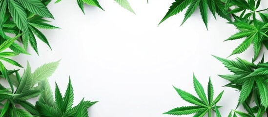 Poster - Vibrant green cannabis leaves arranged around a blank white center, showcasing freshness and contrast in a minimalist design.