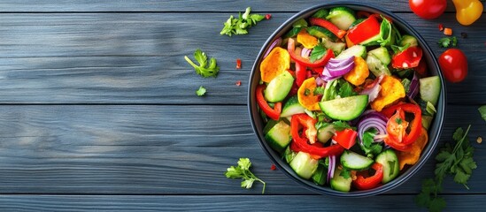 Poster - Bowl filled with vibrant vegetable chips including red peppers, cucumbers, and onions on a rustic wooden table viewed from above