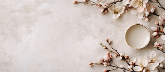 Aufkleber - Soft beige background with floral branches in pink and white on the left, and a circular empty space for text on the right, elegant flat lay design.