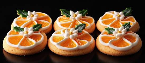 Poster - Decorative orange-flavored cookies with white cream frosting and holly accents arranged in a circle on a dark background for a festive presentation