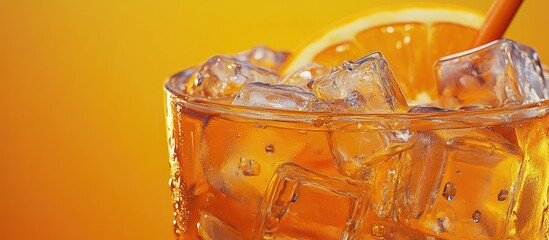 Aufkleber - Refreshing chilled orange juice in a clear glass with ice cubes reflecting light against a vibrant orange background perfect for summer vibes
