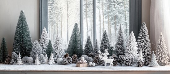 Aufkleber - Winter wonderland arrangement of frosted miniature trees in varying heights with snow accents on a light surface near a snowy window backdrop.