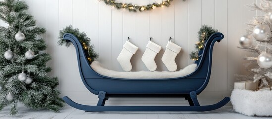 Aufkleber - Festive blue wooden sleigh with three white stockings placed in front of decorated Christmas trees and a wreath against a light background