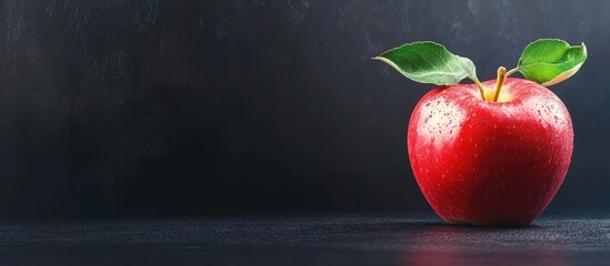 Poster - Vibrant red apple with dew on its skin, positioned to the right on a stark black background, showcasing its glossy finish and green leaves.