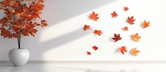 Poster - Autumn maple leaves in vibrant orange and red hues falling against a clean white background with soft shadows creating a serene atmosphere.