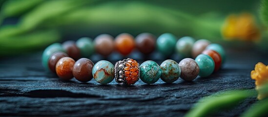Leinwandbilder - Colorful gemstone beaded bracelet featuring variscite and sunstone stones on a dark wooden surface with green foliage accents and a soft blurred background.