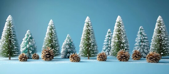 Poster - Joyful festive holiday scene with snowy green and white Christmas trees and pine cones on a soft blue backdrop creating a cheerful winter ambiance