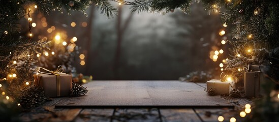 Poster - Rustic wooden table with defocused warm lights and fir branches creating a cozy Christmas atmosphere for product showcase and gift presentation.