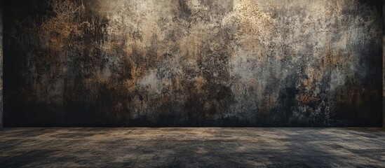 Poster - Textured brown and gray gallery wall with a blank horizontal frame against a weathered surface and dimly lit floor in an art exhibition setting.